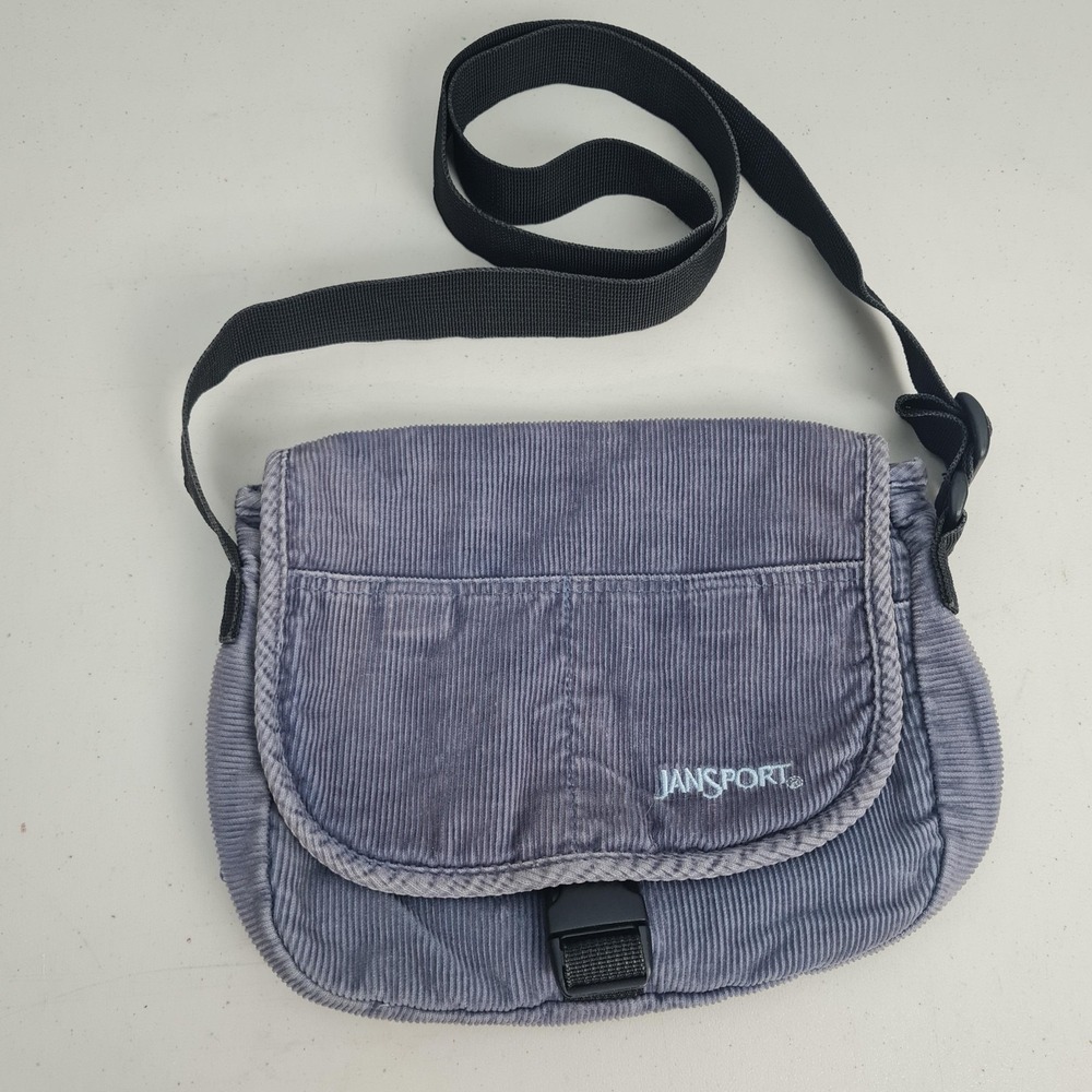 Vintage Y2K JanSport Crossbody Bag Womens Small Purple Corduroy Buckle Strap